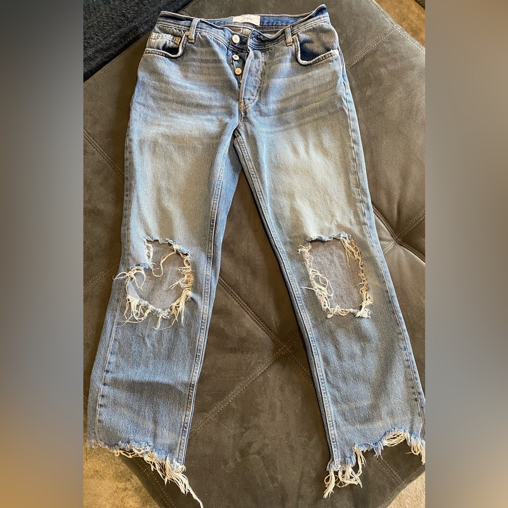Free People Distressed Jeans Size 26 Raw Hem Ripped Knee Button Fly Denim